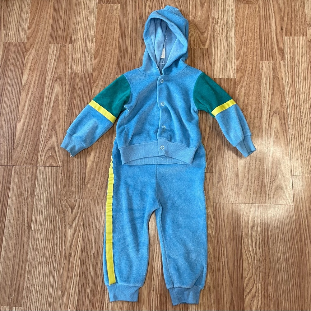 VINTAGE KIDS WORLD BLUE TERRY CLOTH BABY BOY TRACK SUIT OUTFIT SIZE 24 MONTHS